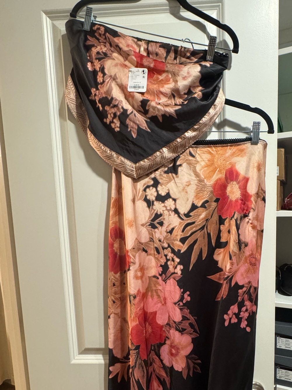 Free People Floral Satin Maxi Skirt in Black and Peach